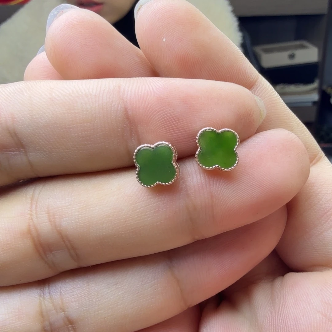 和田玉银S925镶嵌耳饰四叶草耳钉