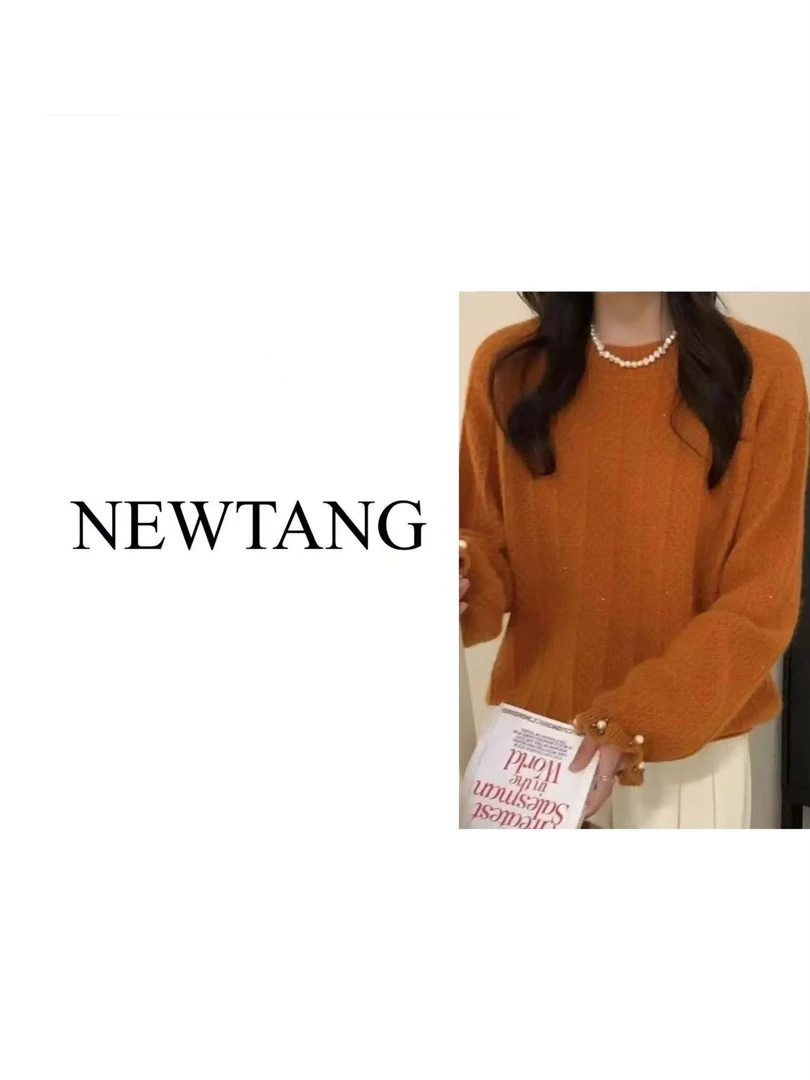 【钉珠】高级感百搭韩系简约长袖针织新款上衣女 橘色