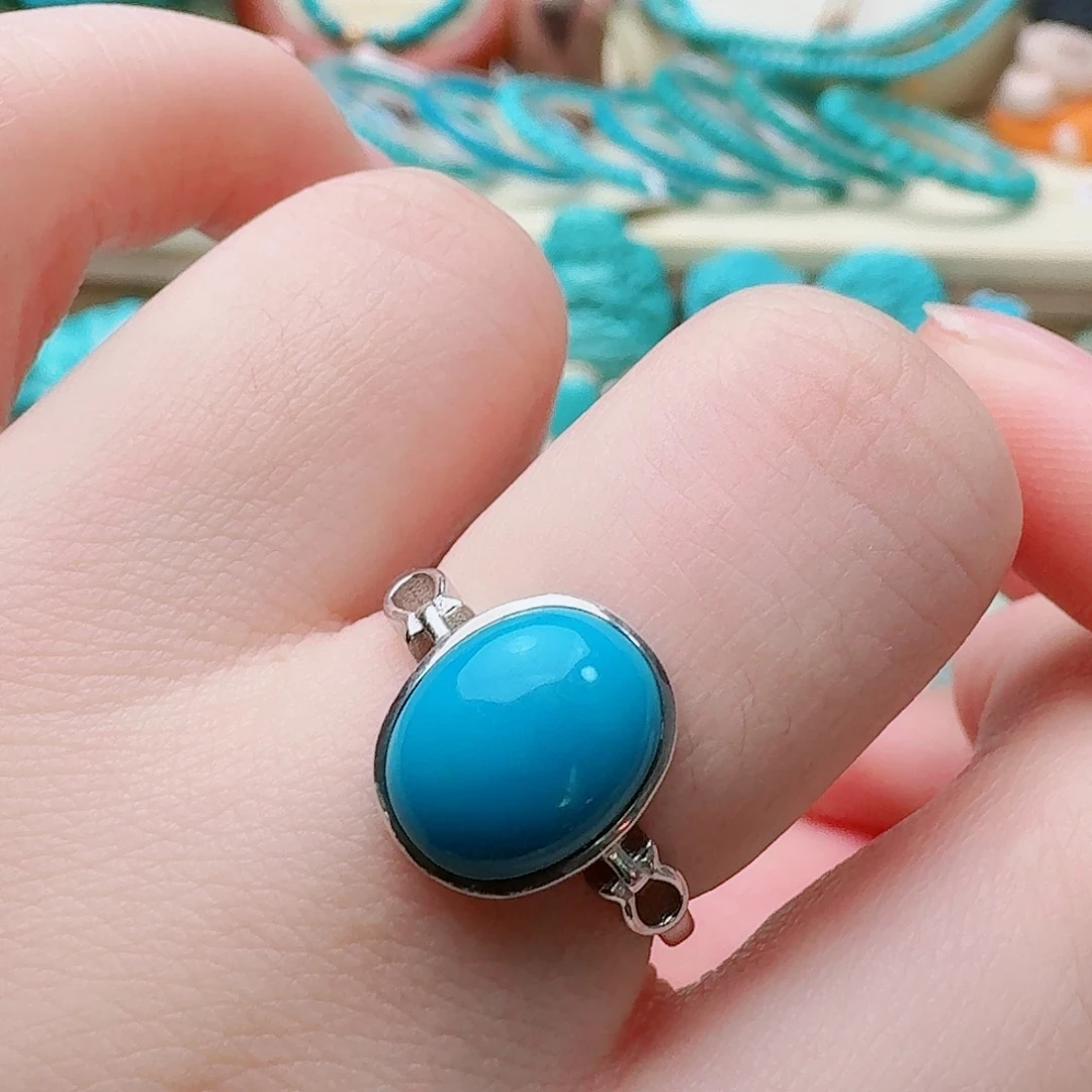 绿松石银S925镶嵌高瓷玉化蓝蛋面女戒