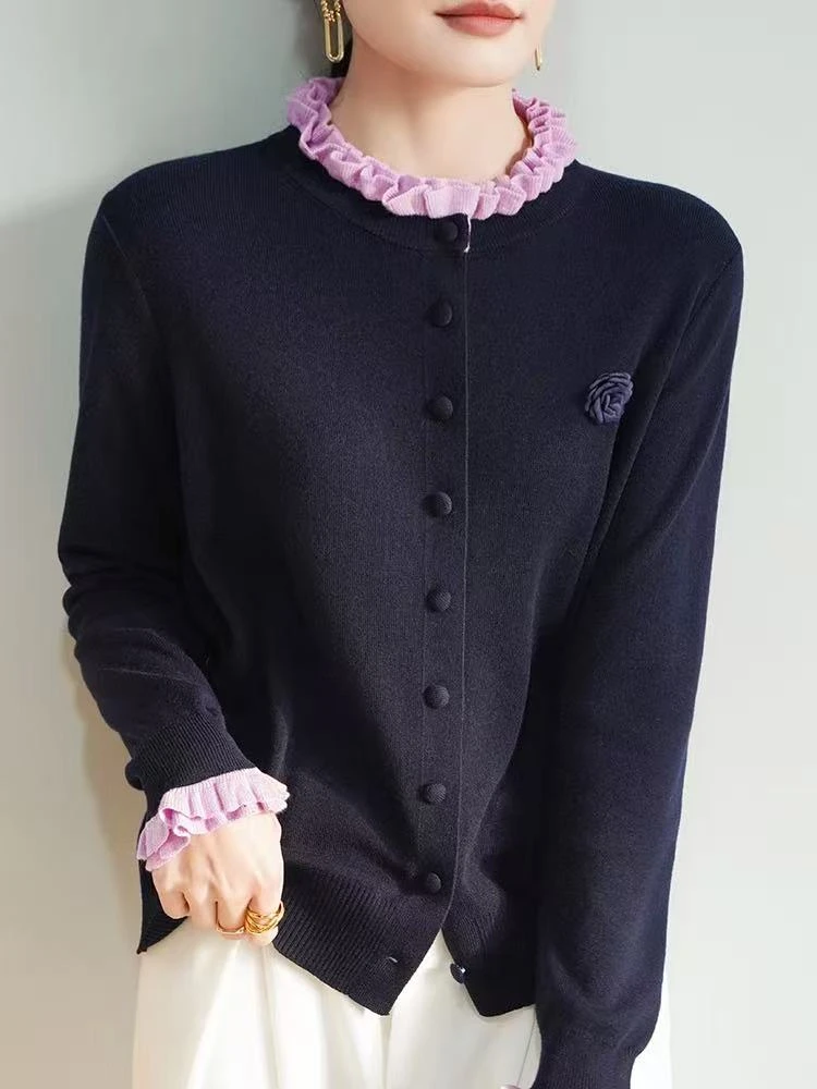 秋冬木耳边领双层花边立体花朵羊毛开衫打底衫加厚保暖百搭女装