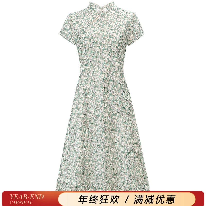 丝柏舍2025夏季新款女装时尚盘扣珠链碎花新中式连衣裙S42R2148LS