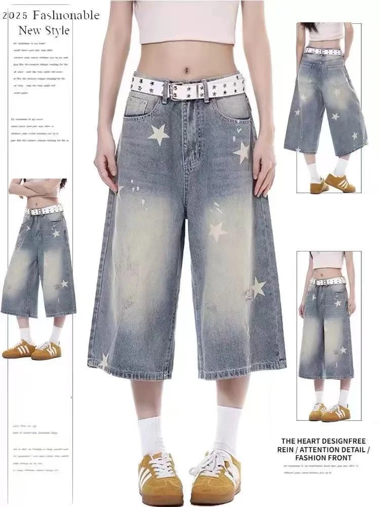美式复古做旧星星印花牛仔短裤女夏季新款宽松超火七分裤八分裤