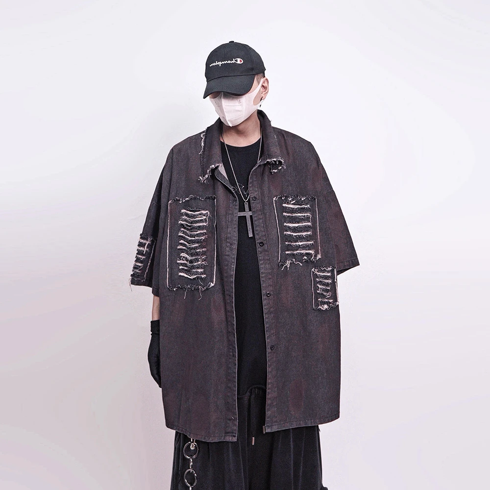 UUCSCC潮牌复古废土风破洞五分袖衬衫嘻哈宽松做旧补丁短袖衬衣男