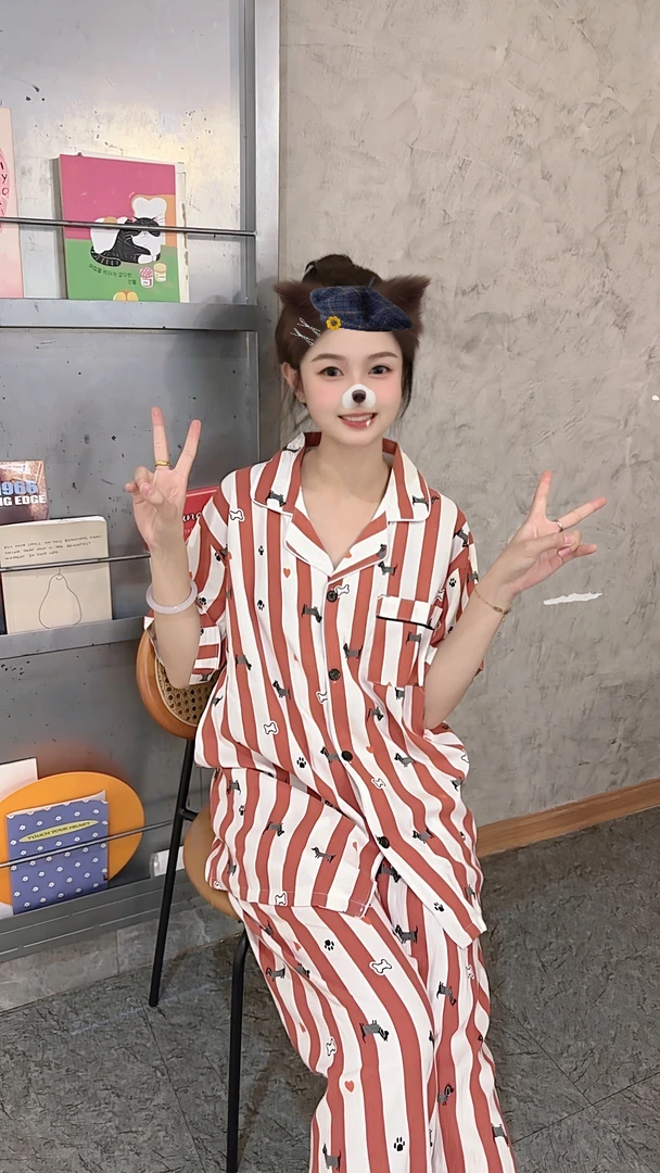 夏季情侣睡衣红白小狗三件套短袖短裤长裤卡通可爱可外穿家居服