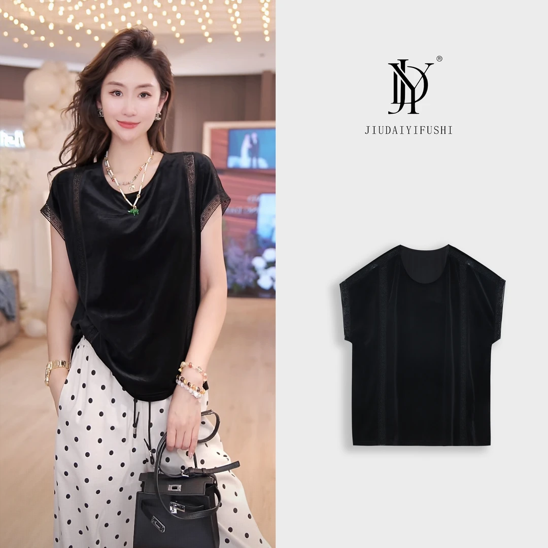 玖黛衣现货【蕾丝拼接丝绒T】新款百搭显瘦休闲T恤~ TXJ41531