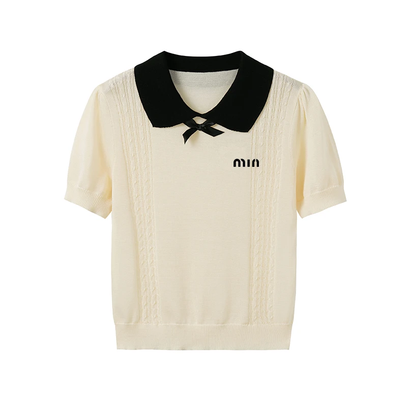 夏季新款洋气时髦减龄修身显瘦撞色翻领针织T恤女上衣2526