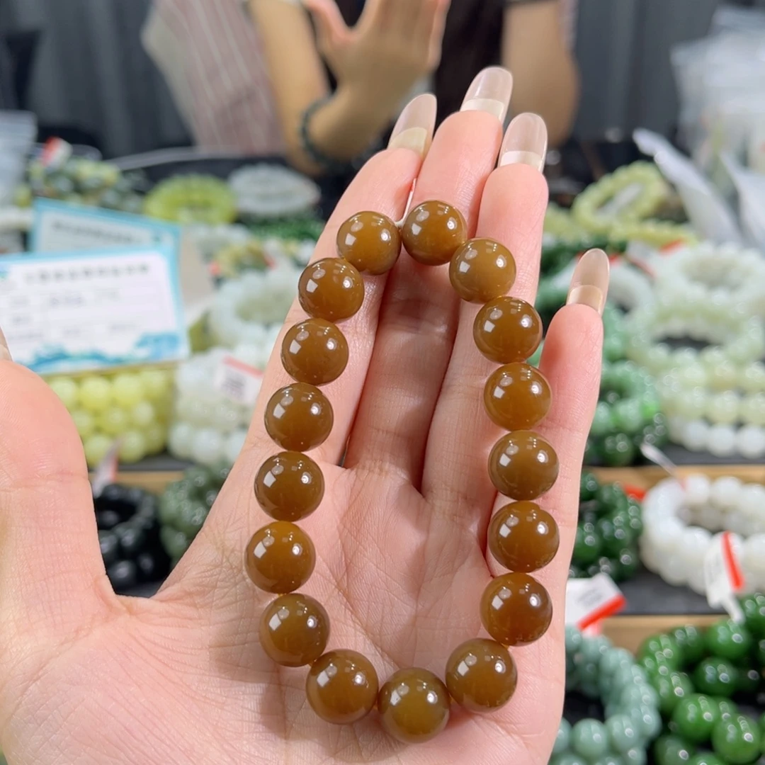 时***转未镶嵌手链和田玉纯天然和田玉12mm新疆且末糖圆珠