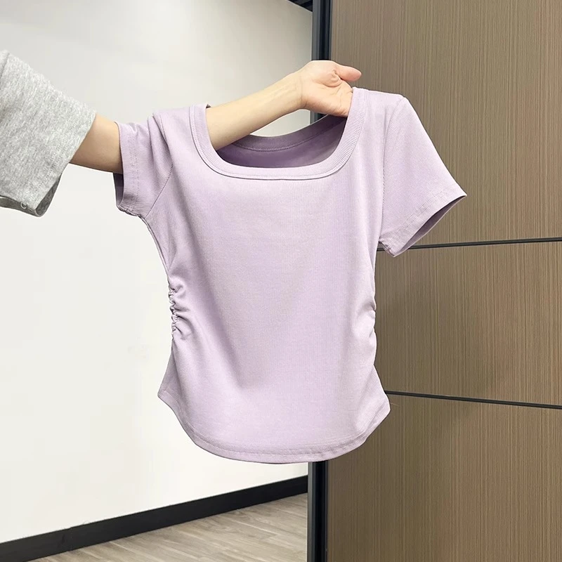 韩系方领正肩短袖褶皱收腰T恤女2025夏季新款小众设计感短款上衣