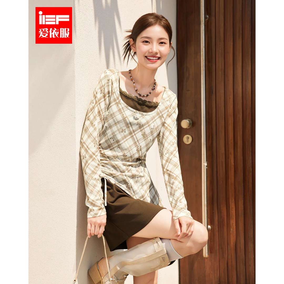IEF/爱依服2025夏秋新款法式温柔小女人气质修身网纱两件套上衣