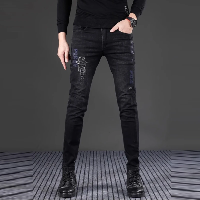 2025时尚潮流烫钻黑色加厚牛仔裤男冬季加绒修身小脚休闲男士长裤