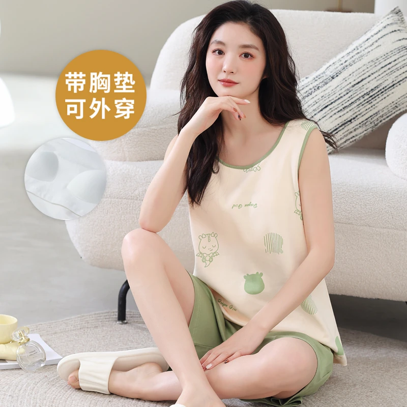 夏季自带胸垫一体背心无袖睡衣套装家居服吊带大码可外穿薄款韩版