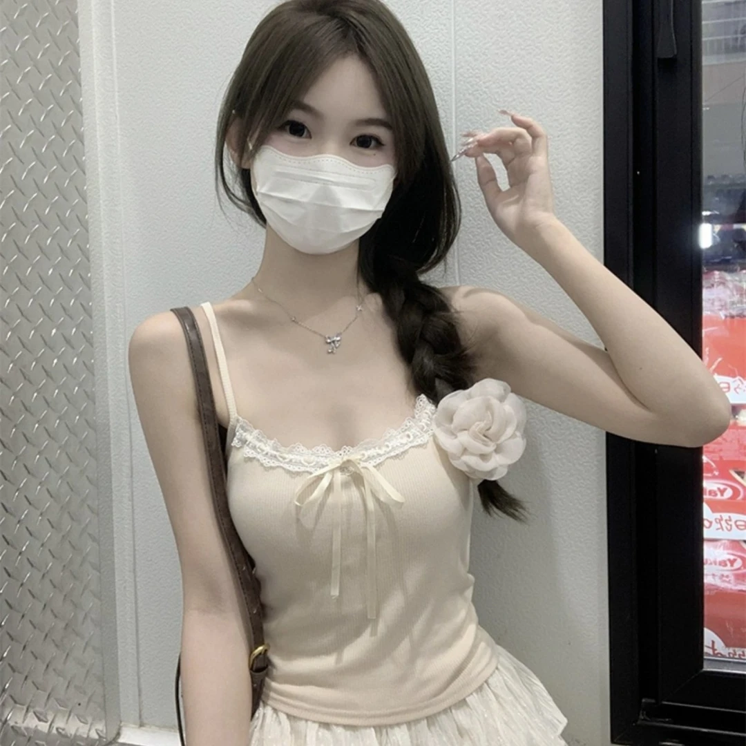 2025春夏韩版甜美蝴蝶结蕾丝边系带胸垫修身显瘦吊带内搭背心上衣