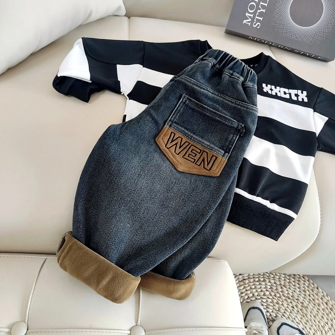 男女童加绒牛仔裤新款宝宝冬装加厚一体绒小童秋冬男女孩加绒裤子