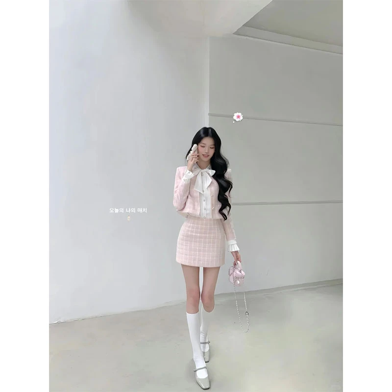 梦幻雾粉 小香风外套女2025新款珍珠扣短外套短款半身裙时尚套装