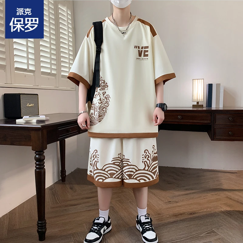 夏季青少年休闲运动圆领套装中国风时尚宽松中国风ins新款套装潮