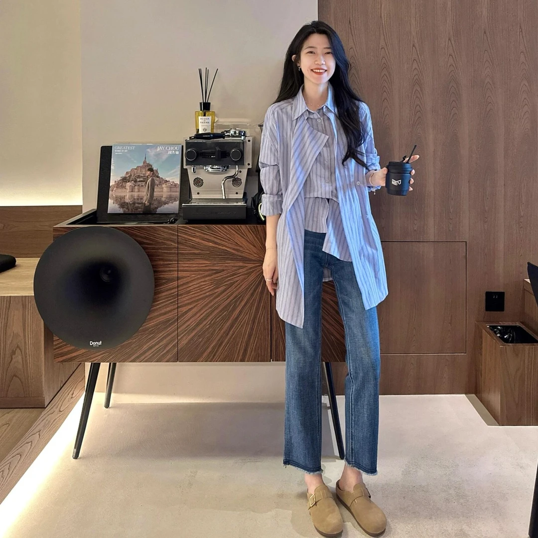 休闲夏季女装宽松慵懒风衬衫新款轻奢高级感外穿牛仔裤两件套装