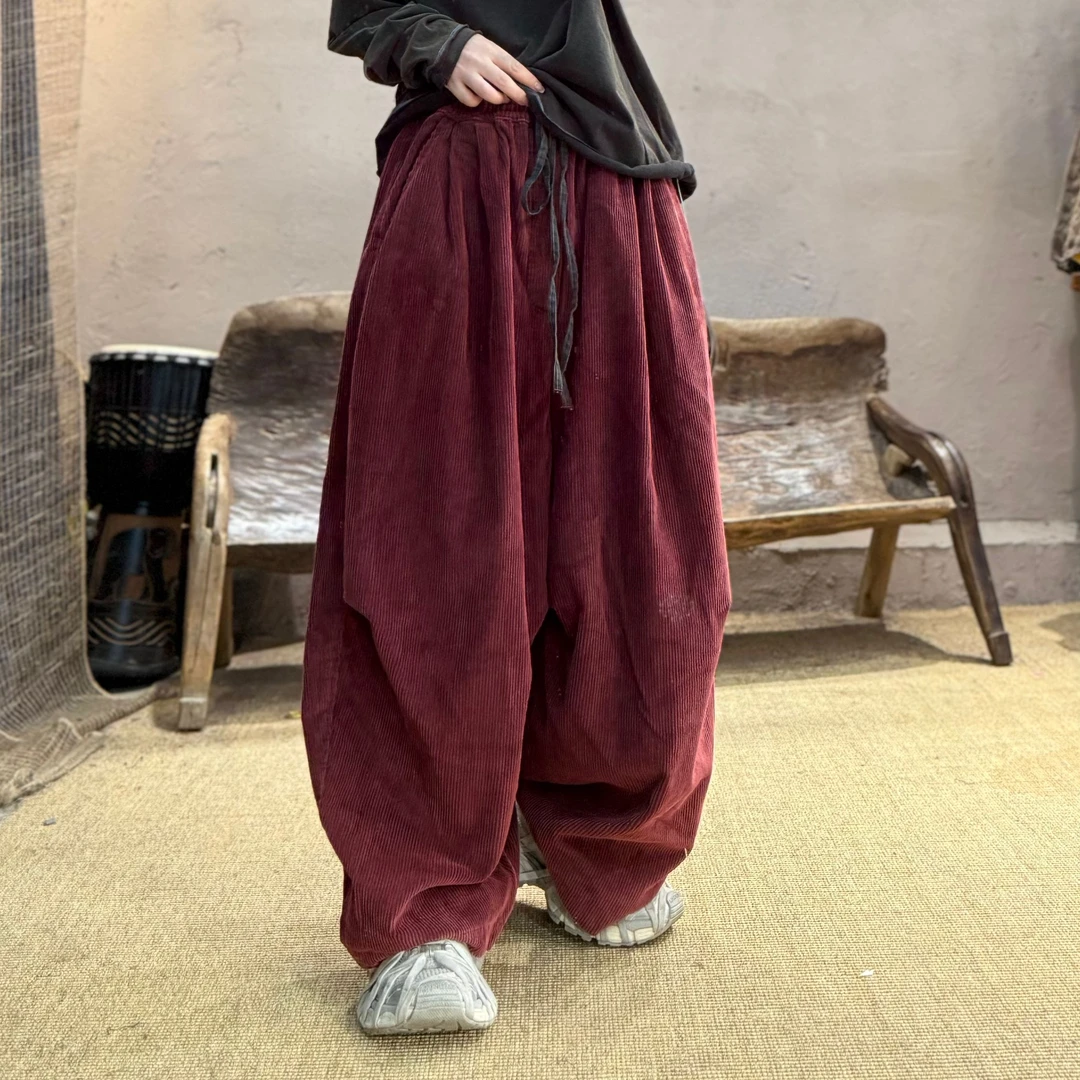 250803忆古朴拙秋季双层纯棉坑条绒休闲裤宽松复古纯色系绳直筒裤