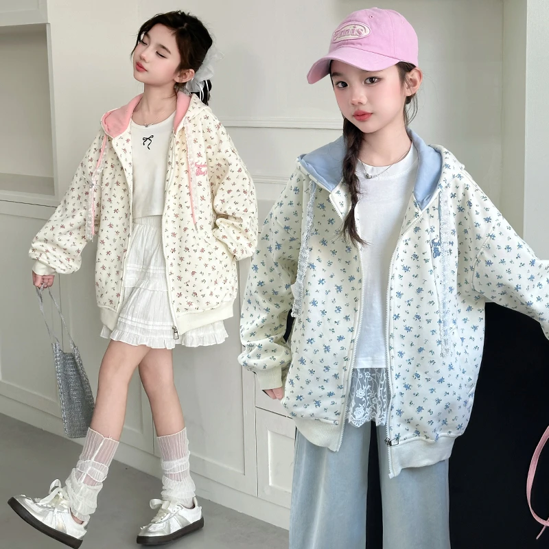 女童春秋款外套2025新款洋气时髦中大童休闲甜美碎花连帽开衫卫衣