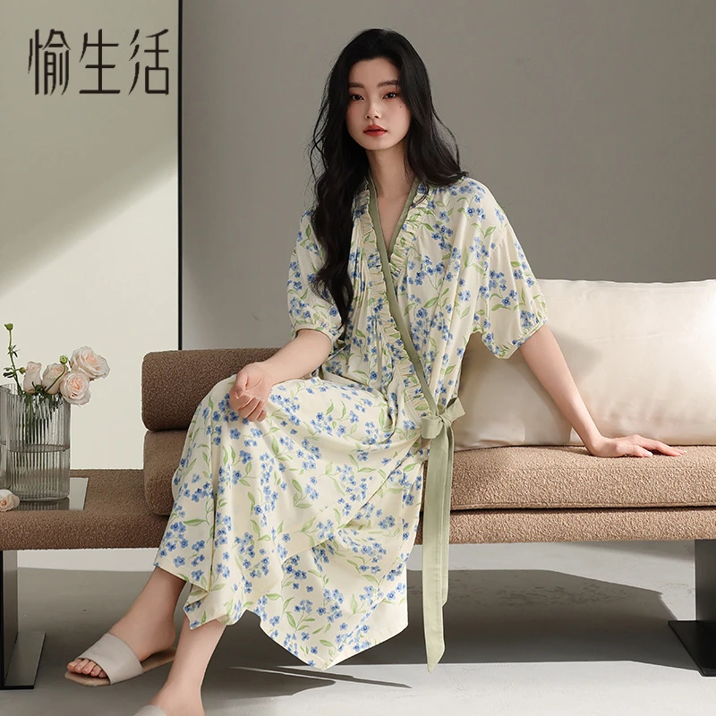 愉生活夏季纯棉睡裙女2025超火日系和服睡衣女款绑带睡袍家居服
