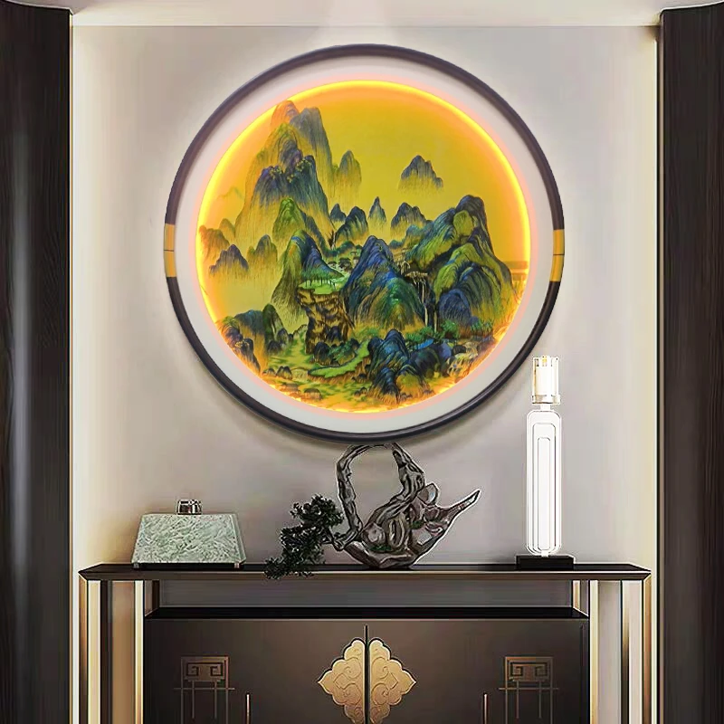 新中式织锦绣千里江山图圆形装饰画入户玄关走廊壁画餐厅书房茶室