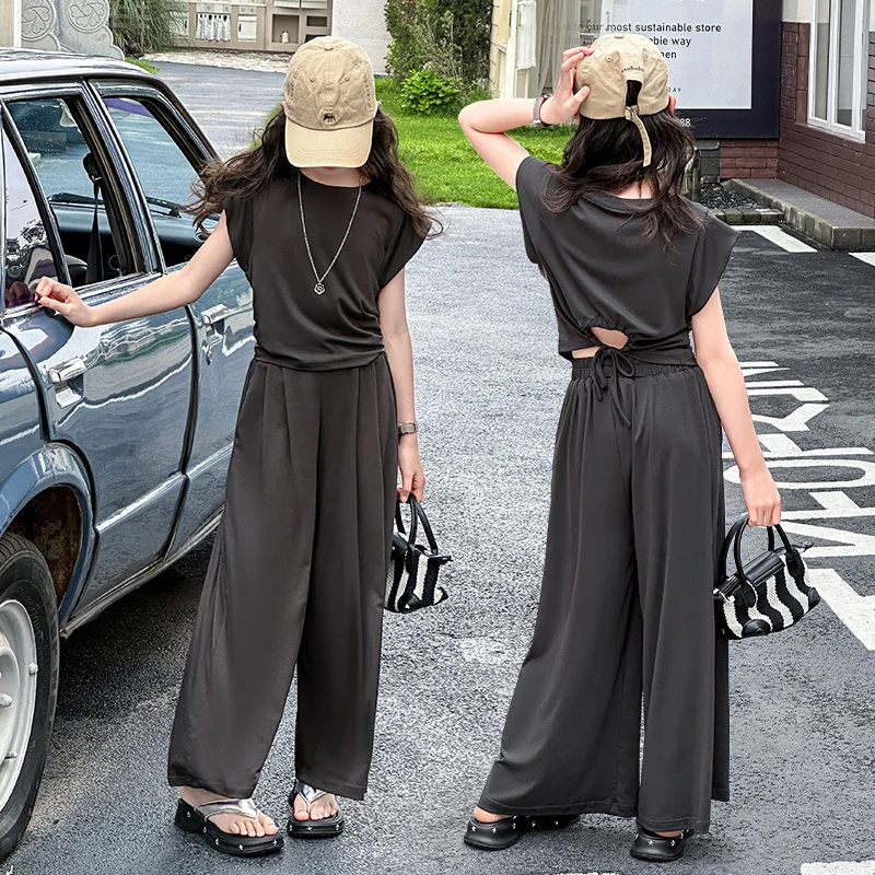 女童新款夏季套装纯色休闲风薄款夏装女孩大童高级感阔腿裤两件套