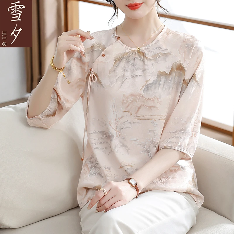 妈妈夏装2025新款中式雪纺小衫中老年女装国风上衣夏季短袖t恤衫