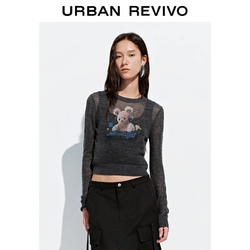 UR2025秋季新款女装潮流趣味小熊圆领短款针织衫UYV950065
