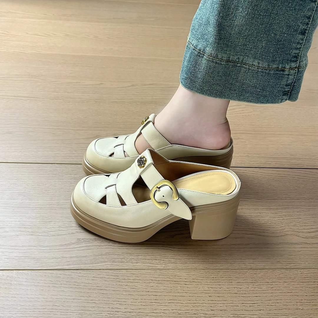 包头粗跟厚底仙女凉拖女真皮外穿半拖2025年新款夏季镂空高跟拖鞋