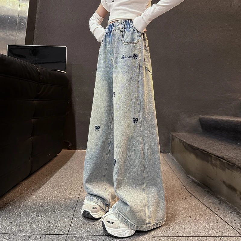 女童直筒牛仔裤秋装2025新款初中生女孩裤子洋气女大童窄版阔腿裤