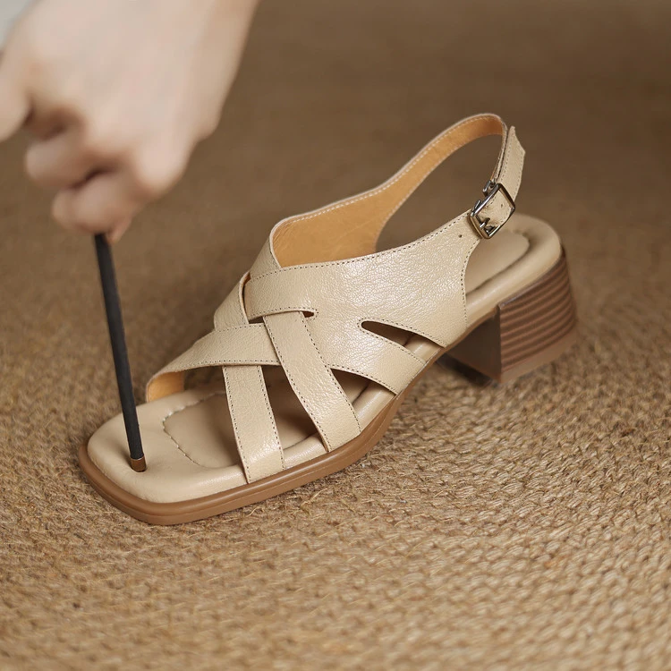 头层羊皮~4.5cm中跟罗马凉鞋女夏外穿踩屎感粗跟软底真皮露趾凉鞋