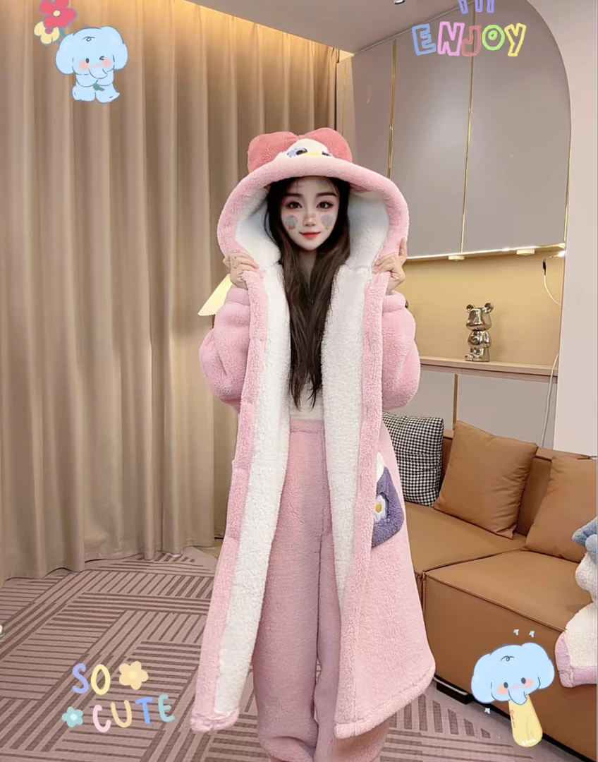 【双层加厚可爱鸭】睡衣女秋冬加绒加厚保暖连帽长款可外穿情侣22