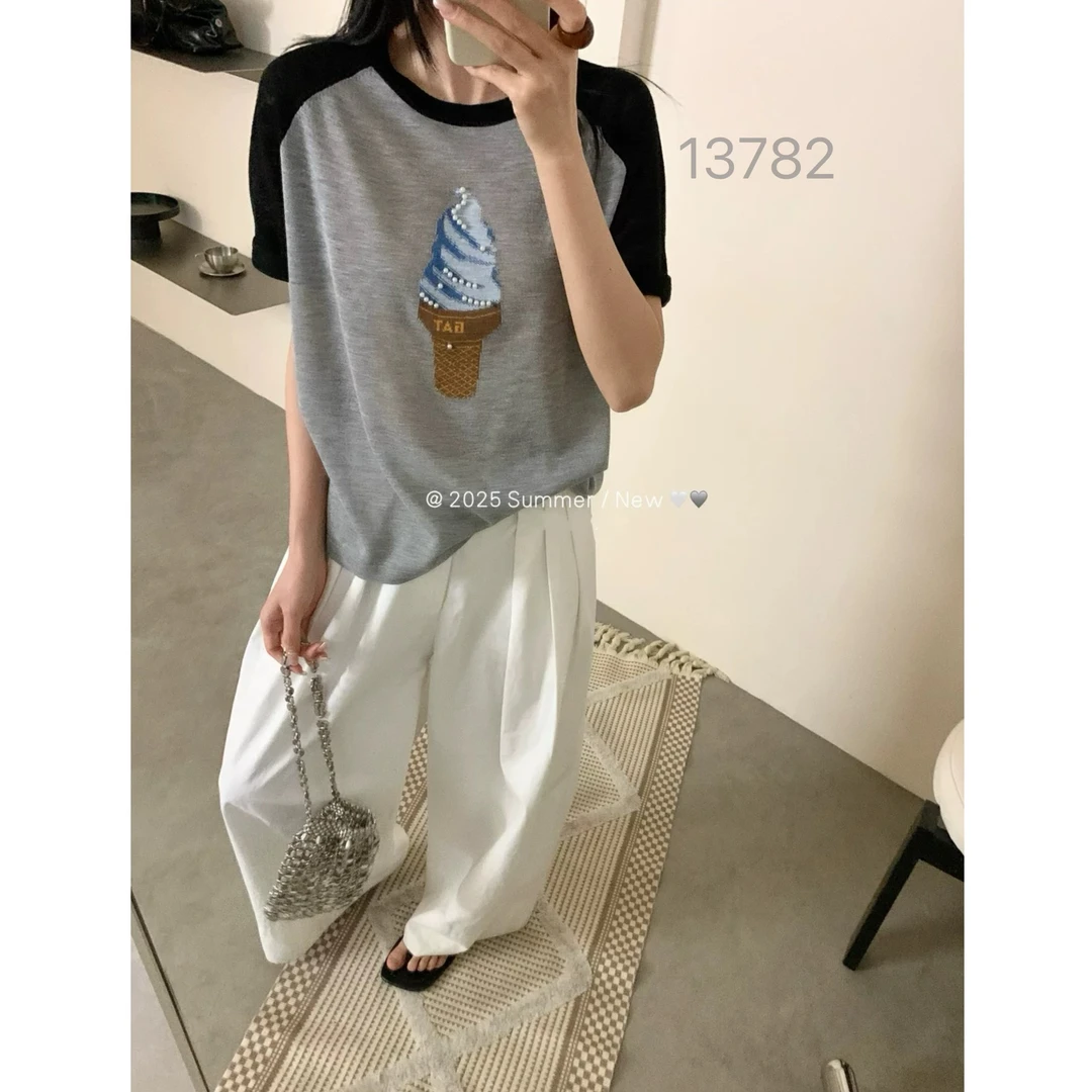 13782（部分无水洗唛，介意慎拍）WANGDAN新款冰激凌钉珠拼接短袖