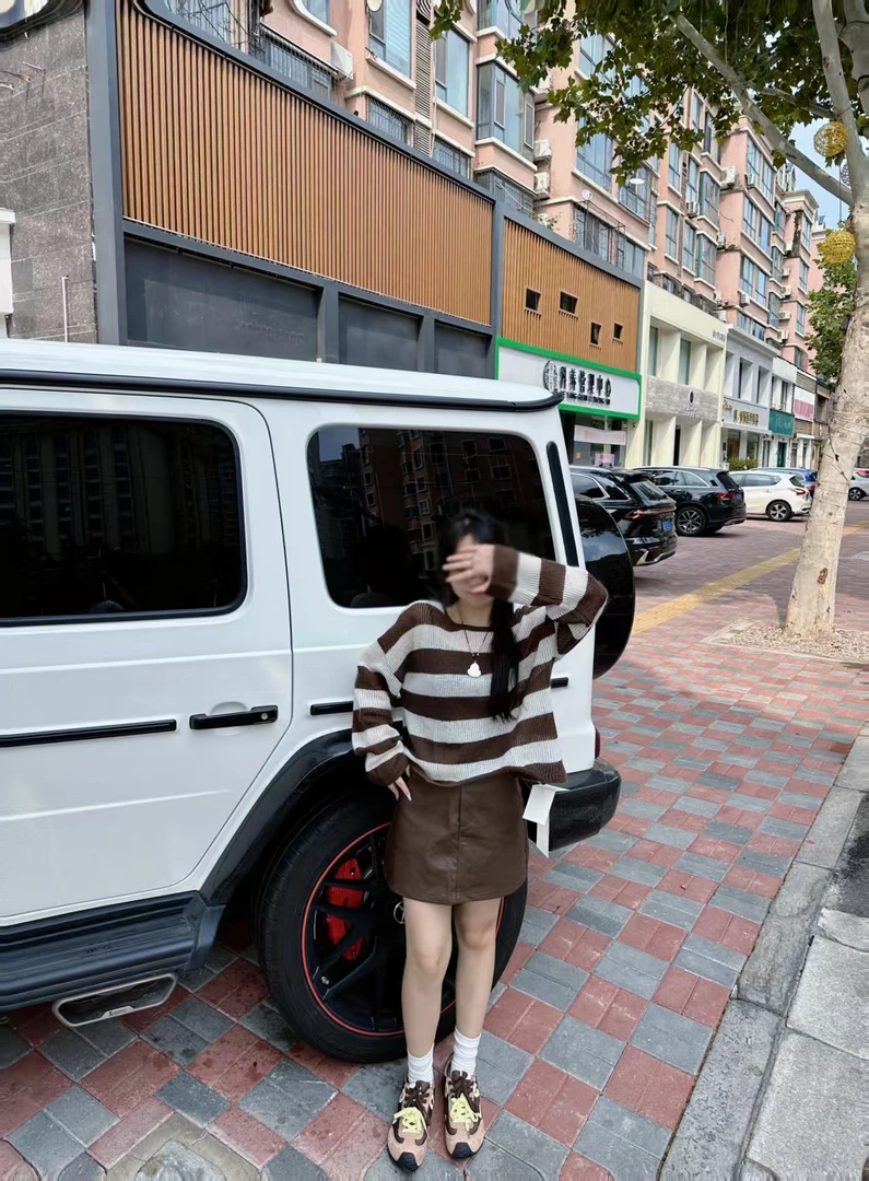 针织秋冬长袖条纹休闲风毛针织衫高腰显瘦宽松