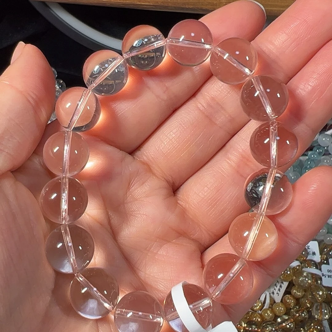 水晶手链未镶嵌巴西冰橘粉12mm透体单圈手串