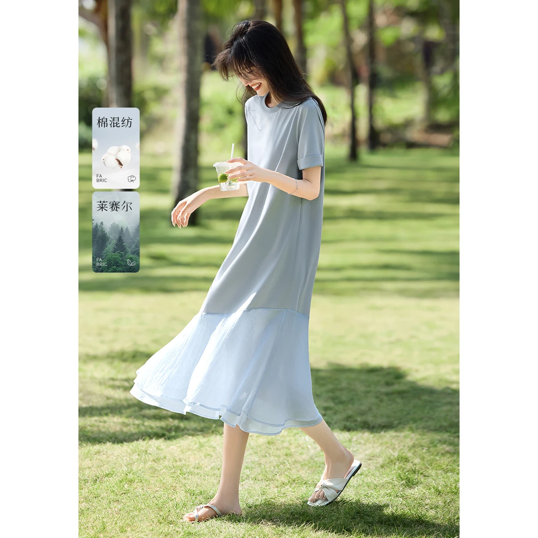 【博主同款】XWI/欣未【云舞轻纱】25夏拼接肌理飘逸下摆莱赛尔连衣裙