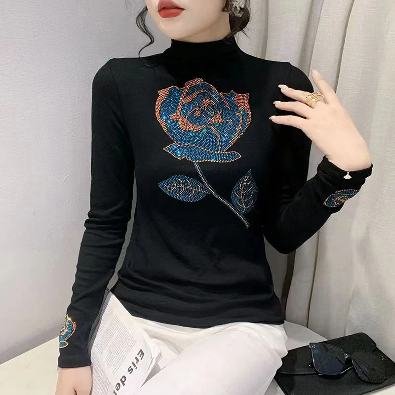 3201【磨毛保暖】蓝色妖姬打底衫女装欧货重工烫钻长袖T恤上衣女