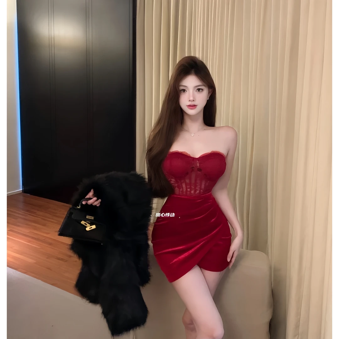 <少女出逃日记>圣诞元旦法式金丝绒拼接蕾丝束腰抹胸裙年会礼服