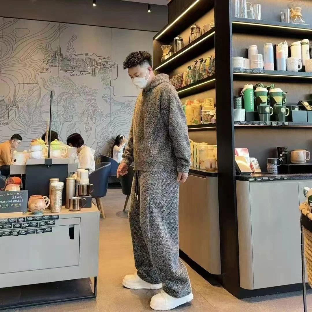 秋冬新款加厚套装男士潮牌美式百搭休闲连帽卫衣直筒休闲裤两件套