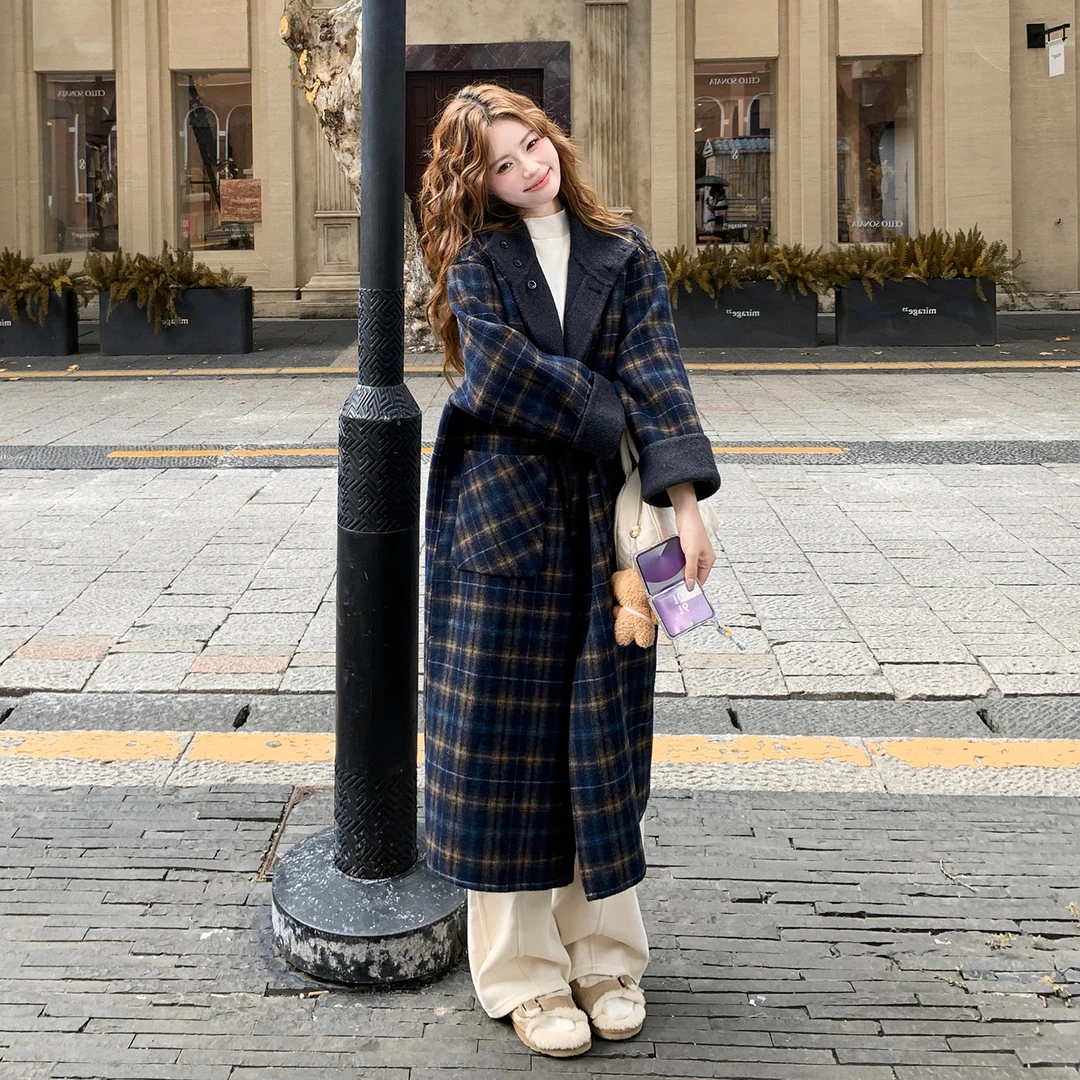 格纹慵懒风复古两面穿双面呢外套女2025冬季新款长款过膝羊毛大衣