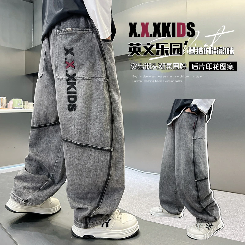 【秋款上新】男童牛仔裤中大童装拼接字母时髦潮酷宽松儿童休闲裤子
