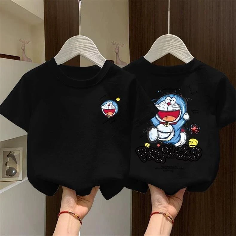 100%纯棉童装夏季男女童卡通叮当猫印花上衣洋气宽松中大童半袖t