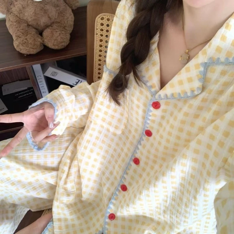 春秋季黄格子睡衣女长袖长裤两件套大码韩系ins新款宽松家居服