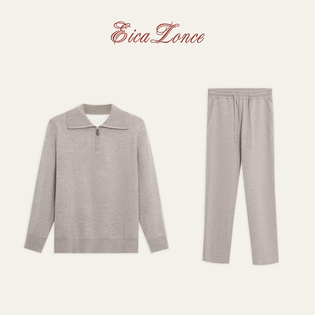 意卡伦萨 LP 秋冬款棉羊毛混纺半拉链针织套衫羊毛长裤保暖套装