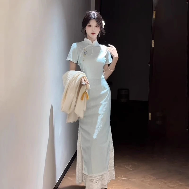 汀玥苓原创设计旗袍夏季年轻蓝色春夏国风连衣裙女款新中式改良版