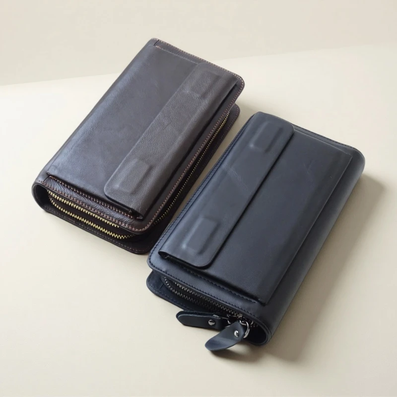 钱包男时尚轻奢多卡位大容量双拉链牛皮手拿包男新款钱包男款