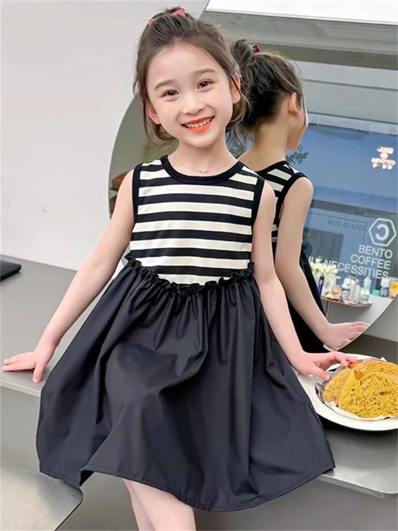 黑白条纹无袖背心裙夏季中小童拼接连裙