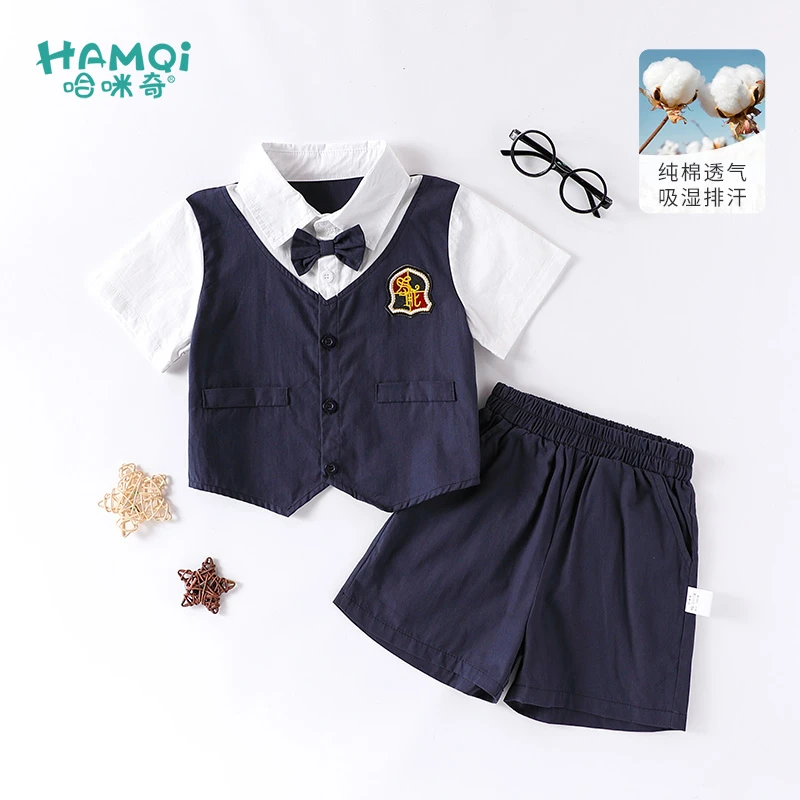 男童短袖套装夏季学院风小儿童纯棉假两件上衣裤子宝宝新款两件套
