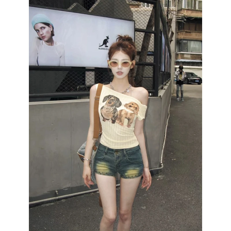 XIAOXIN【夏日小狗】美式少女斜肩印花落肩修身T恤