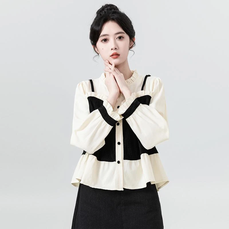 法式复古设计感撞色假两件衬衫2025早春新款女装单排多扣长袖上衣