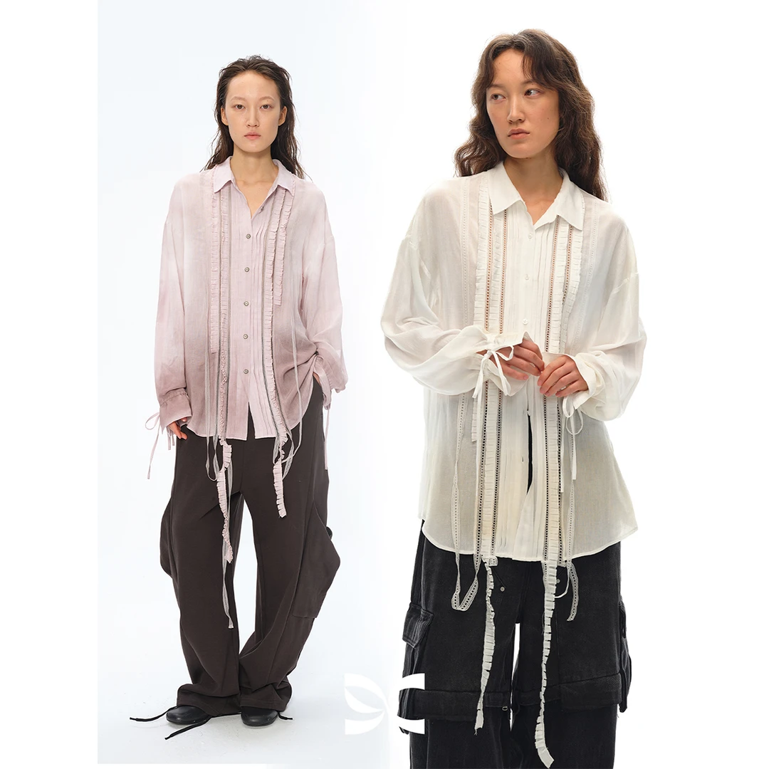 Square Circle 设计感不规则重工压褶花边喷染天丝做旧长袖衬衫